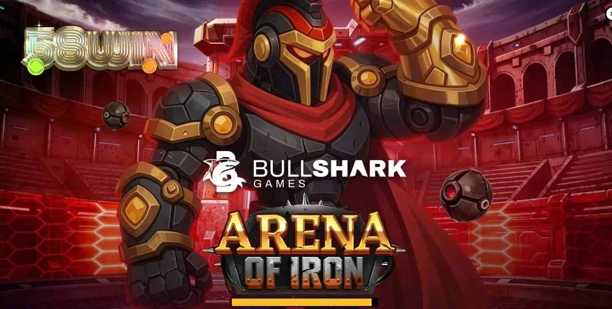 Giao diện trò chơi slot Arena of Iron với các chiến binh robot và biểu tượng tương lai